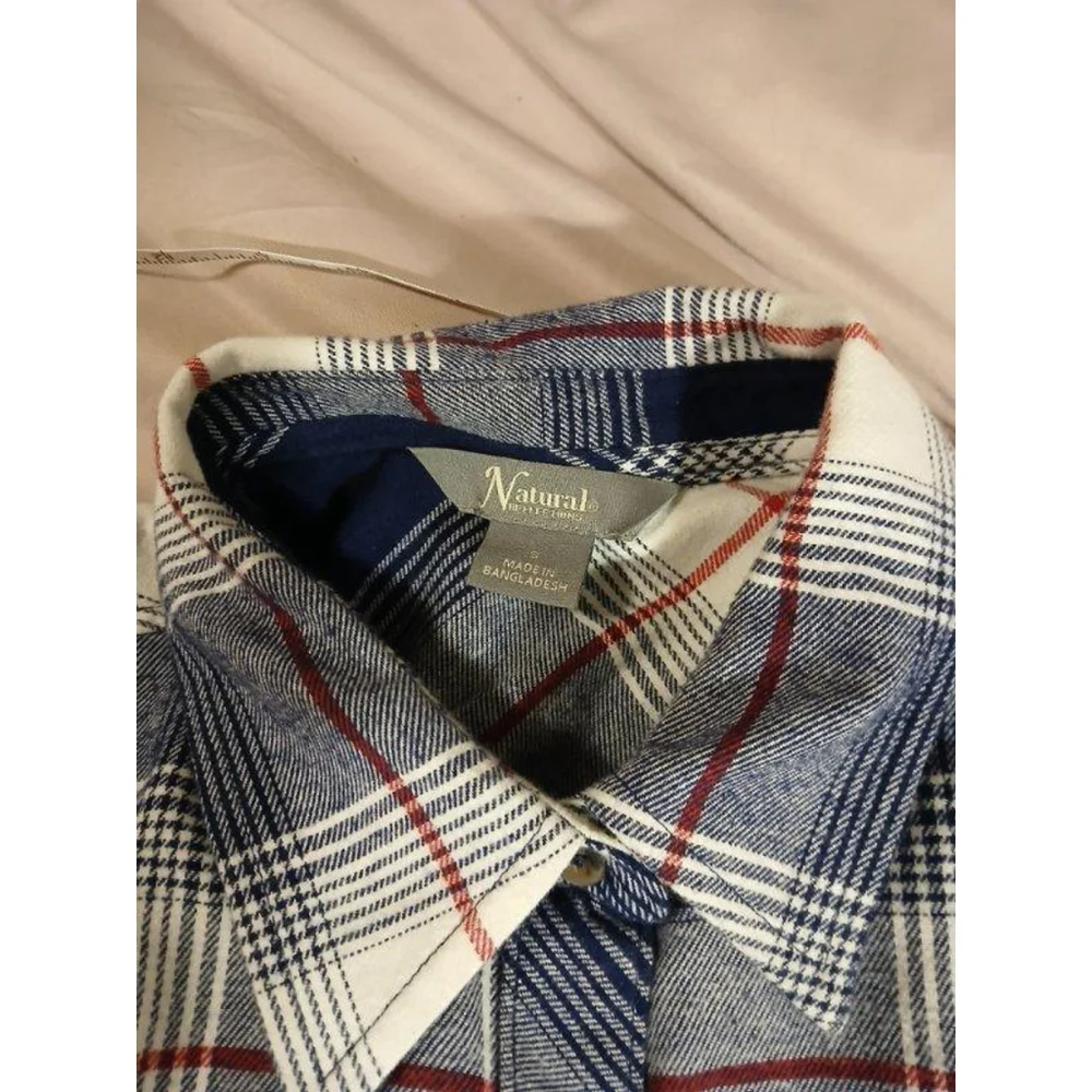 Natural Reflections Women’s flannel button-up shirt blue, white & red plaid – si